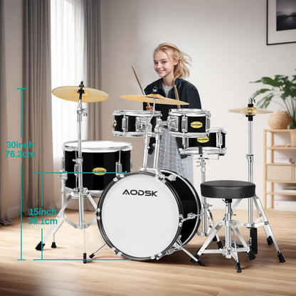 AODSK Drum Sets 5-Piece for Beginners, 14 inch Full Size Complete Drum Kit with Adjustable Throne, Cymbal, Hi-Hat, Pedal & Drumstick Black