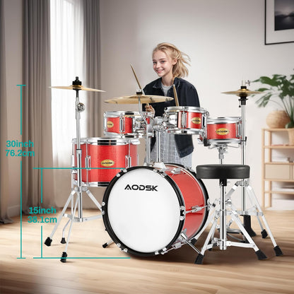 AODSK Drum Sets 5-Piece for Beginners, 14 inch Full Size Complete Drum Kit with Adjustable Throne, Cymbal, Hi-Hat, Pedal & Drumstick Red