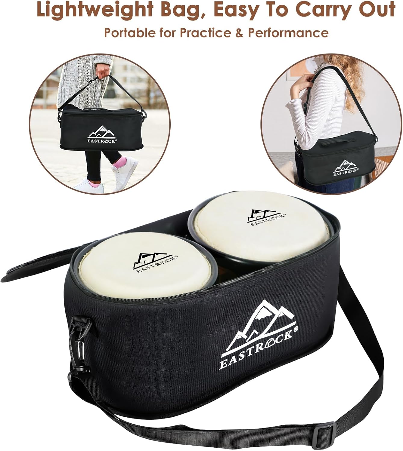 EASTROCK Bongo Drum 6″ and 7″ Set for Beginners Students Adults Professionals, Natural Animal Skin Heads, Solid Wood Shell, Tunable Drum Percussion Instruments Bongos with Bag and Tuning Wrench-Wood