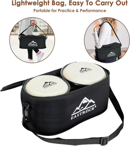 EASTROCK Bongo Drum 6″ and 7″ Set for Beginners Students Adults Professionals, Natural Animal Skin Heads, Solid Wood Shell, Tunable Drum Percussion Instruments Bongos with Bag and Tuning Wrench-Wood