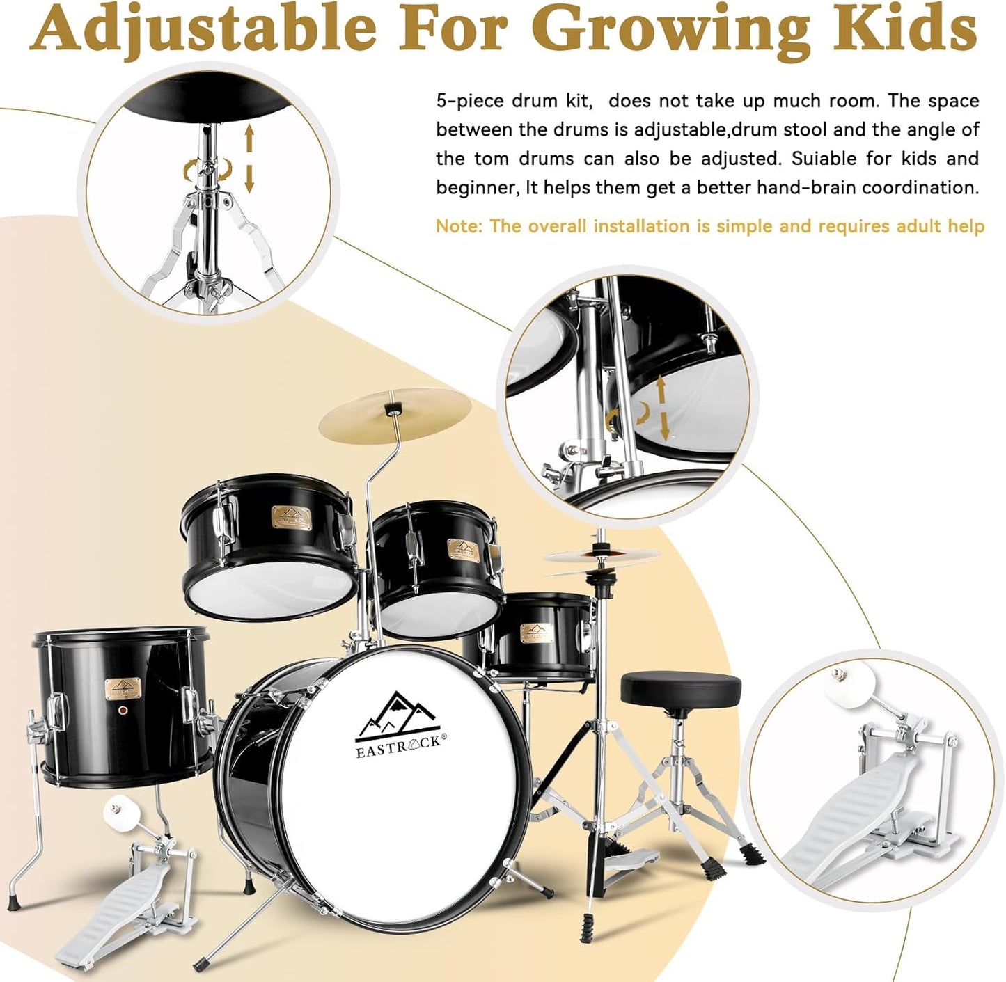 EASTROCK Drum Set, 5-Piece 16 Inches Junior Drum Sets, Drummer, Beginner Youth Drumset for 7-12 Years Old with Throne,Cymbal,Pedal,Drumsticks (Black)