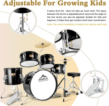 EASTROCK Drum Set, 5-Piece 16 Inches Junior Drum Sets, Drummer, Beginner Youth Drumset for 7-12 Years Old with Throne,Cymbal,Pedal,Drumsticks (Black)