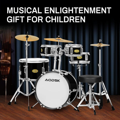 AODSK Drum Sets 5-Piece for Beginners, 14 inch Full Size Complete Drum Kit with Adjustable Throne, Cymbal, Hi-Hat, Pedal & Drumstick Black