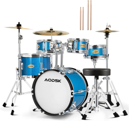 AODSK Drum Sets 5-Piece for Beginners, 14 inch Full Size Complete Drum Kit with Adjustable Throne, Cymbal, Hi-Hat, Pedal & Drumstick Light Blue