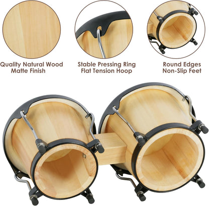 EASTROCK Bongo Drum 6″ and 7″ Set for Beginners Students Adults Professionals, Natural Animal Skin Heads, Solid Wood Shell, Tunable Drum Percussion Instruments Bongos with Bag and Tuning Wrench-Wood