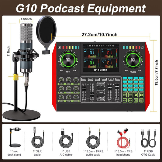 Podcast Microphone Bundle with Live Sound Board Audio Mixer, Podcast Equipment Bundle with 3.5mm Condenser Microphone(P15) for Pc/Phone Live Streaming Singing Gaming, Voice Changer, Denoise