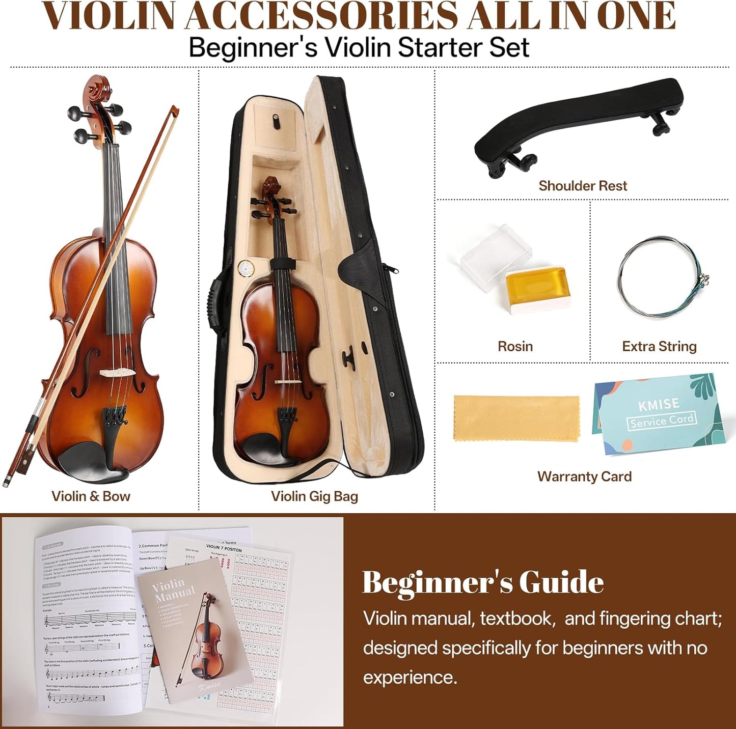 Kmise Violin 1/2 Full Set, High Density Ebony Violins, Glossy Acoustic Fiddle for Adults, Beginners, Students with Violin Case, Rosin, Strings, Bow, Shoulder Rest, Beginner's Guide (Ebony, 1/2)