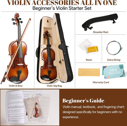 Kmise Violin 1/2 Full Set, High Density Ebony Violins, Glossy Acoustic Fiddle for Adults, Beginners, Students with Violin Case, Rosin, Strings, Bow, Shoulder Rest, Beginner's Guide (Ebony, 1/2)