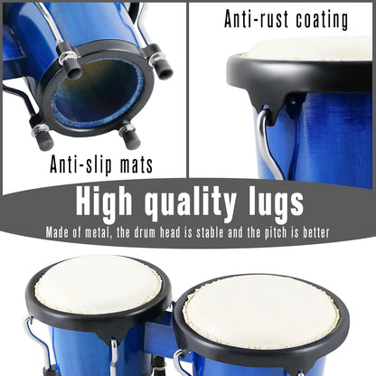 Wood Bongos Drum Set for Beginners Natural Adult Bongo with Tuning Wrench Bongo Drums 4" and 5" Tunable Percussion bongo drum Natural Animal Hides Metal (Blue)