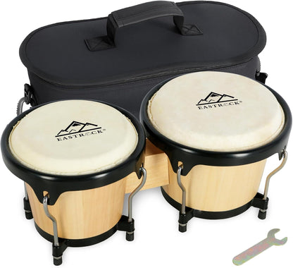 EASTROCK Bongo Drum 6″ and 7″ Set for Beginners Students Adults Professionals, Natural Animal Skin Heads, Solid Wood Shell, Tunable Drum Percussion Instruments Bongos with Bag and Tuning Wrench-Wood