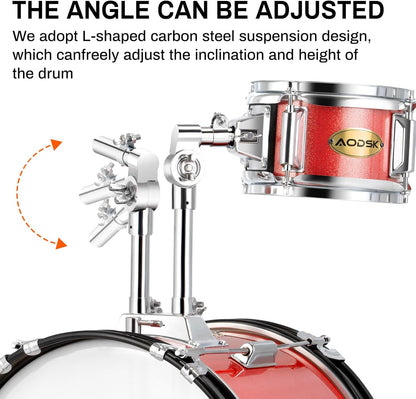 AODSK Drum Sets 5-Piece for Beginners, 14 inch Full Size Complete Drum Kit with Adjustable Throne, Cymbal, Hi-Hat, Pedal & Drumstick Red