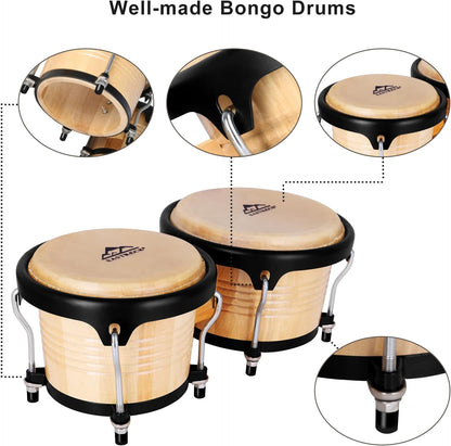 EASTROCK Bongo Drums 7” and 9” Set for Adults Beginners Professionals Tunable Wood and Metal Drum Percussion Instruments with Tuning Wrench(7”+9” Bongos)