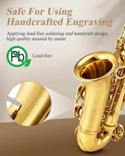 Eastar Student Alto Saxophone E Flat for Beginner Sax Full Kit with Carrying Case, Mouthpiece, Straps, Reeds, Stand, Golden Lacquer, AS-Ⅱ