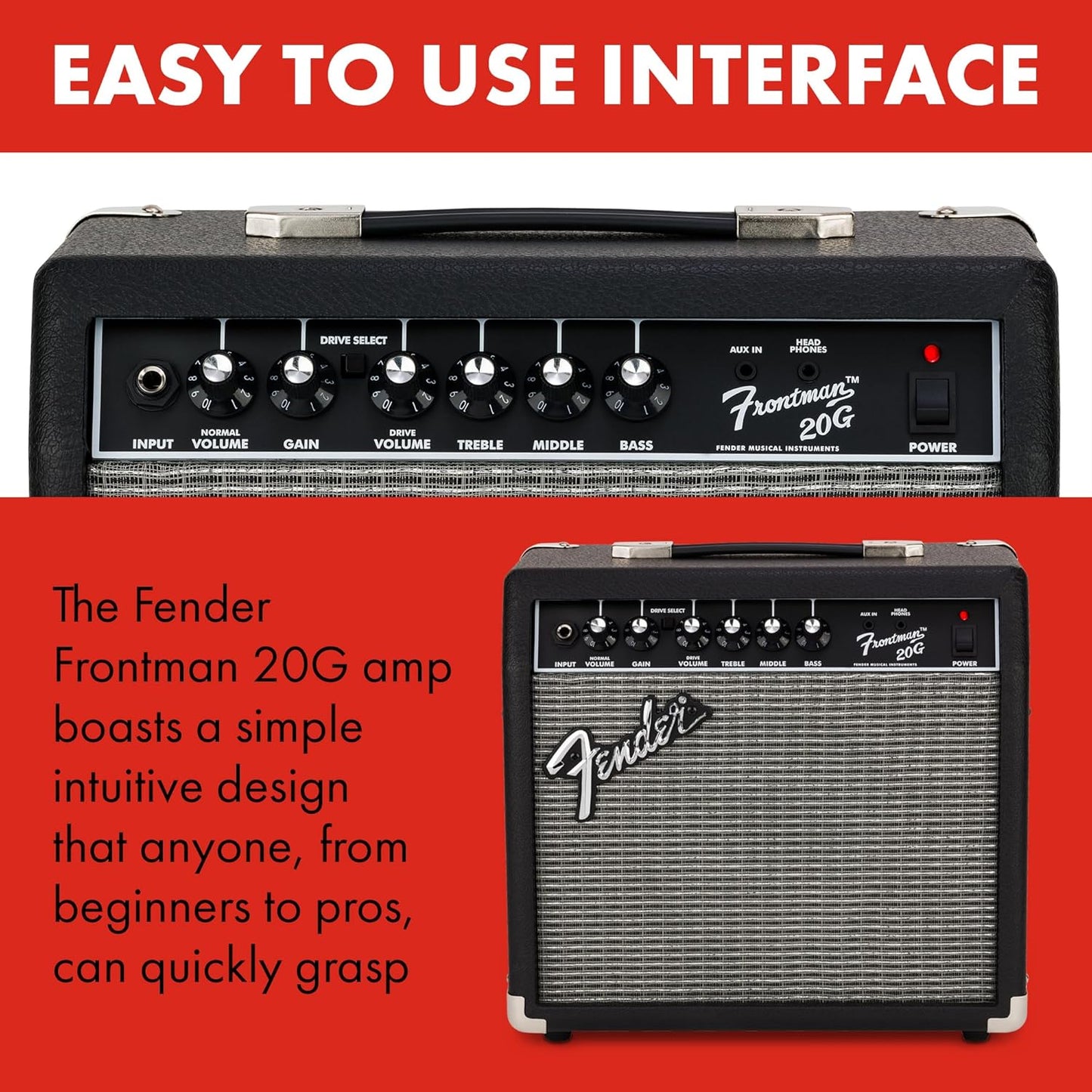 Fender Frontman 20G Guitar Amp, 20 Watts, with 2-Year Warranty 6 Inch Fender Special Design Speaker, 10x16x16 inches Black