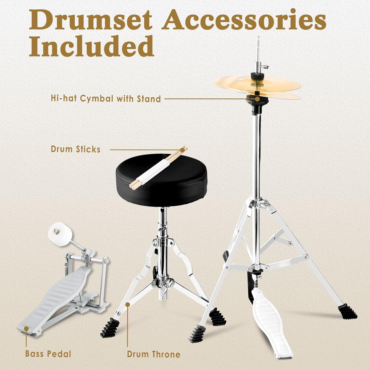 EASTROCK Drum Set, 5-Piece 16 Inches Junior Drum Sets, Drummer, Beginner Youth Drumset for 7-12 Years Old with Throne,Cymbal,Pedal,Drumsticks (Black)