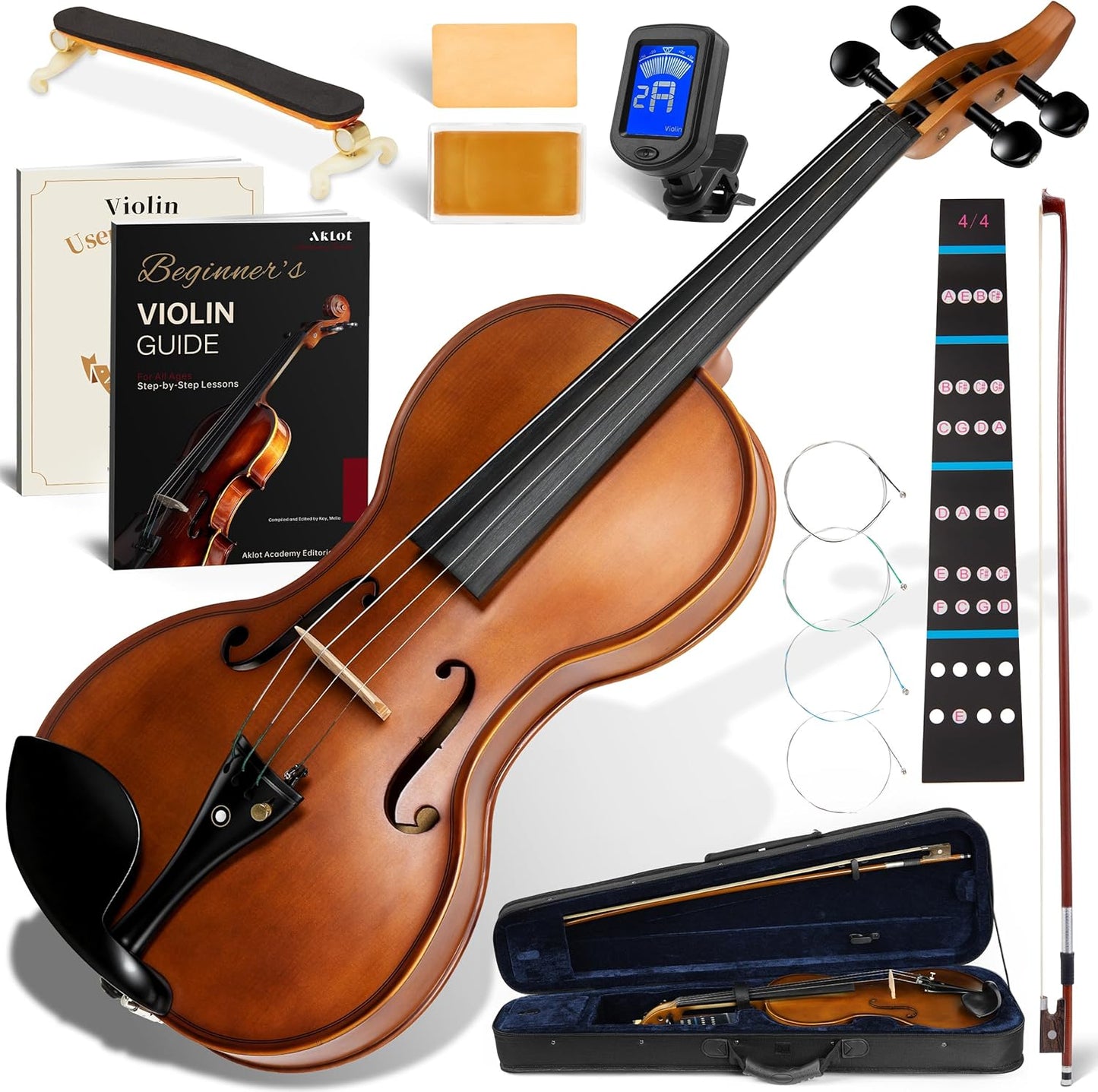 AKLOT Ergonomic Acoustic 4/4 Violin: Lesson Book, Solid Wood Intermediate Beginner Matte Fiddle, with Hard Case, Extra String, Bow, Shoulder Rest, Tuner, Fretboard Stickers, Full Size Adults Violen