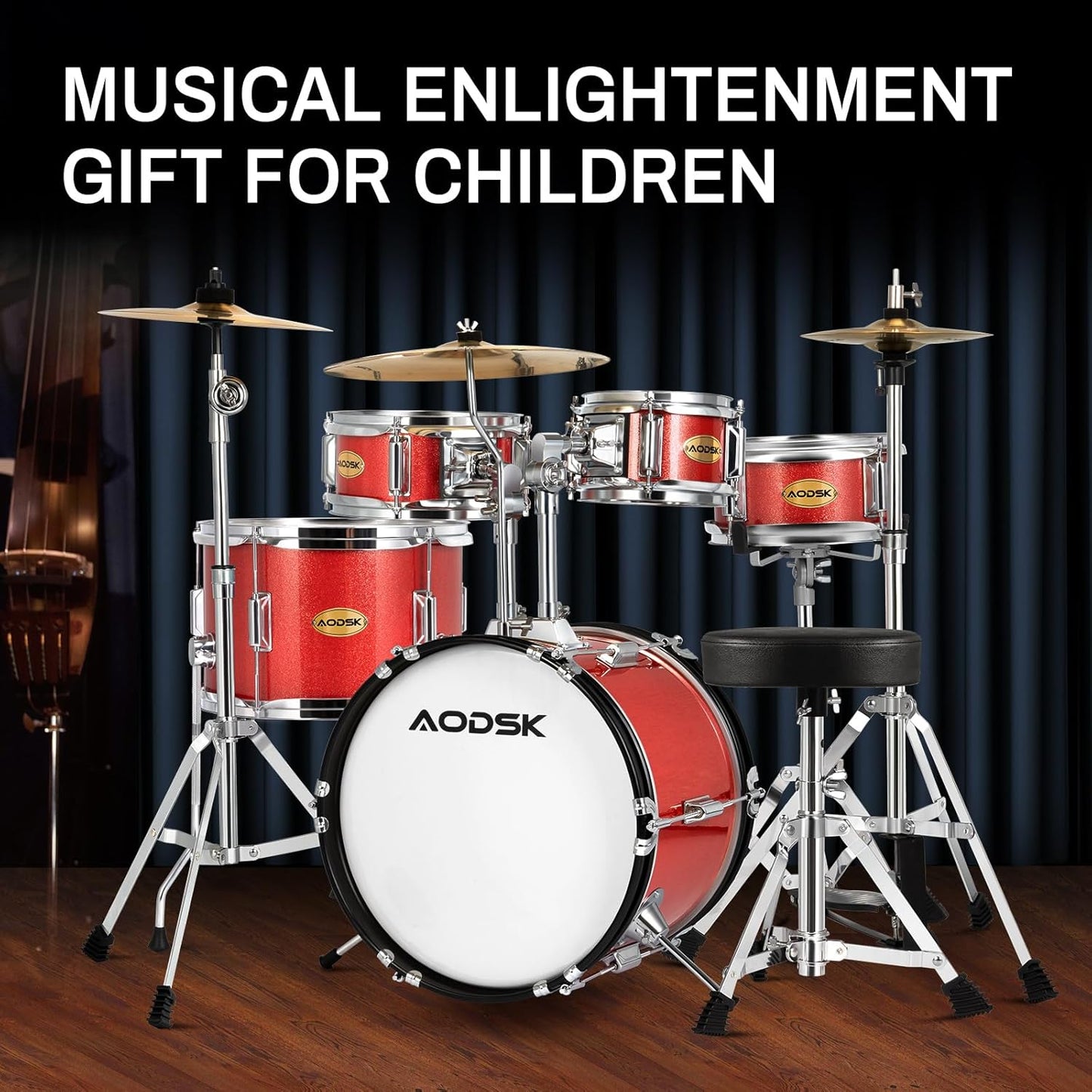 AODSK Drum Sets 5-Piece for Beginners, 14 inch Full Size Complete Drum Kit with Adjustable Throne, Cymbal, Hi-Hat, Pedal & Drumstick Red