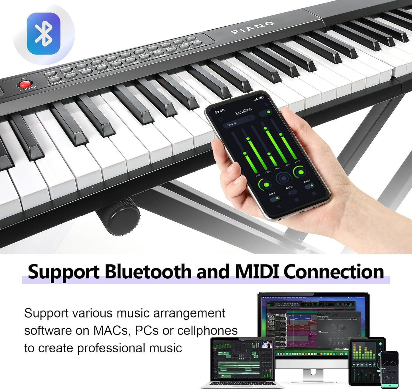 88 Key SEMI-Weighted Keyboard Piano For Beginners w/Stand, Corded Electric, MIDI, Bluetooth, 1000 Tones/Rhythms, 150 Demos, Sustain Pedal, Teaching Mode, Metronome, Sync, Dual Key, Key Drum