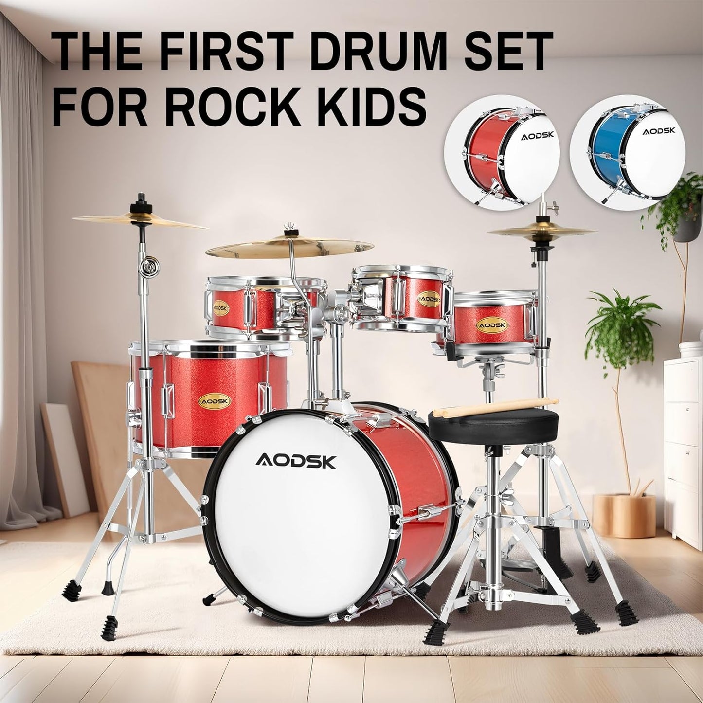 AODSK Drum Sets 5-Piece for Beginners, 14 inch Full Size Complete Drum Kit with Adjustable Throne, Cymbal, Hi-Hat, Pedal & Drumstick Red