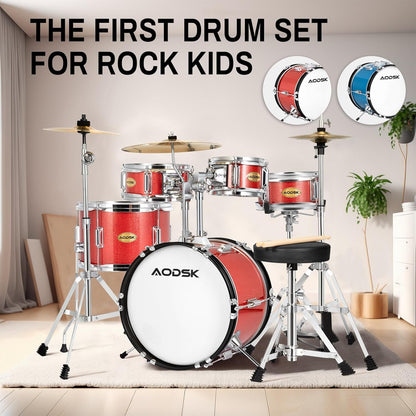 AODSK Drum Sets 5-Piece for Beginners, 14 inch Full Size Complete Drum Kit with Adjustable Throne, Cymbal, Hi-Hat, Pedal & Drumstick Red