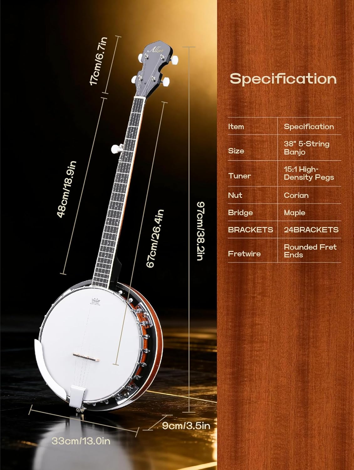 ALLSET 5 String Acoustic Banjo, Full Size 38 inch Geared 5th Tuner | Remo Head & Mahogany Body | Complete Starter Kit + Gig Bag/Tuner | Best Gift for Adult & Teen Beginners