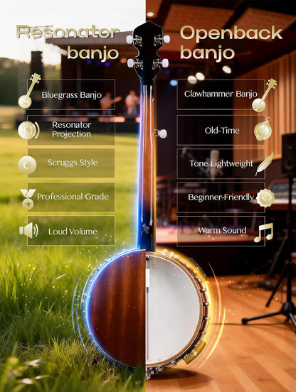 ALLSET 5 String Acoustic Banjo, Full Size 38 inch Geared 5th Tuner | Remo Head & Mahogany Body | Complete Starter Kit + Gig Bag/Tuner | Best Gift for Adult & Teen Beginners