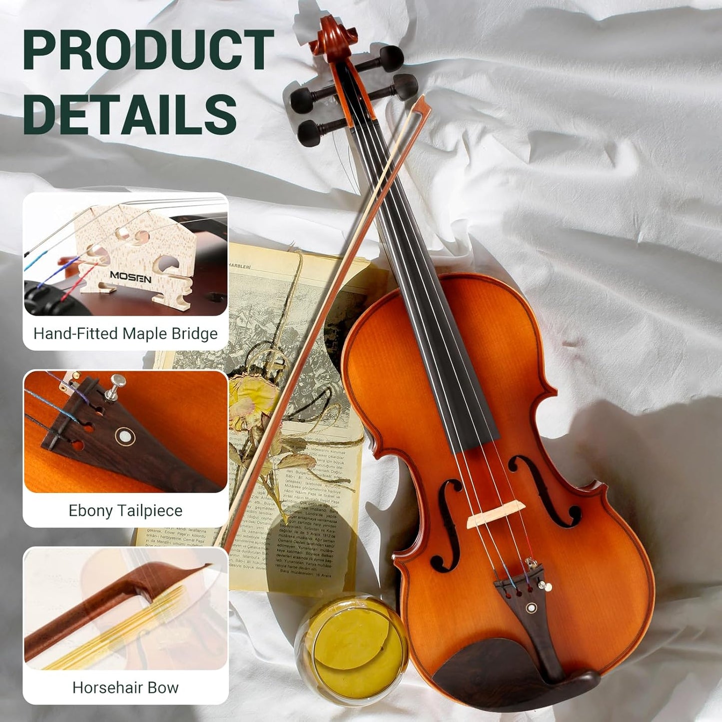 MOSEN 4/4 Violin Fiddle Full Size, Maple Violin Kit Set for Beginners with Hard Case, Bow, Rosin, Shoulder Rest, Tuner, Solid Maple Wood and Ebony Fittings, MS-836M