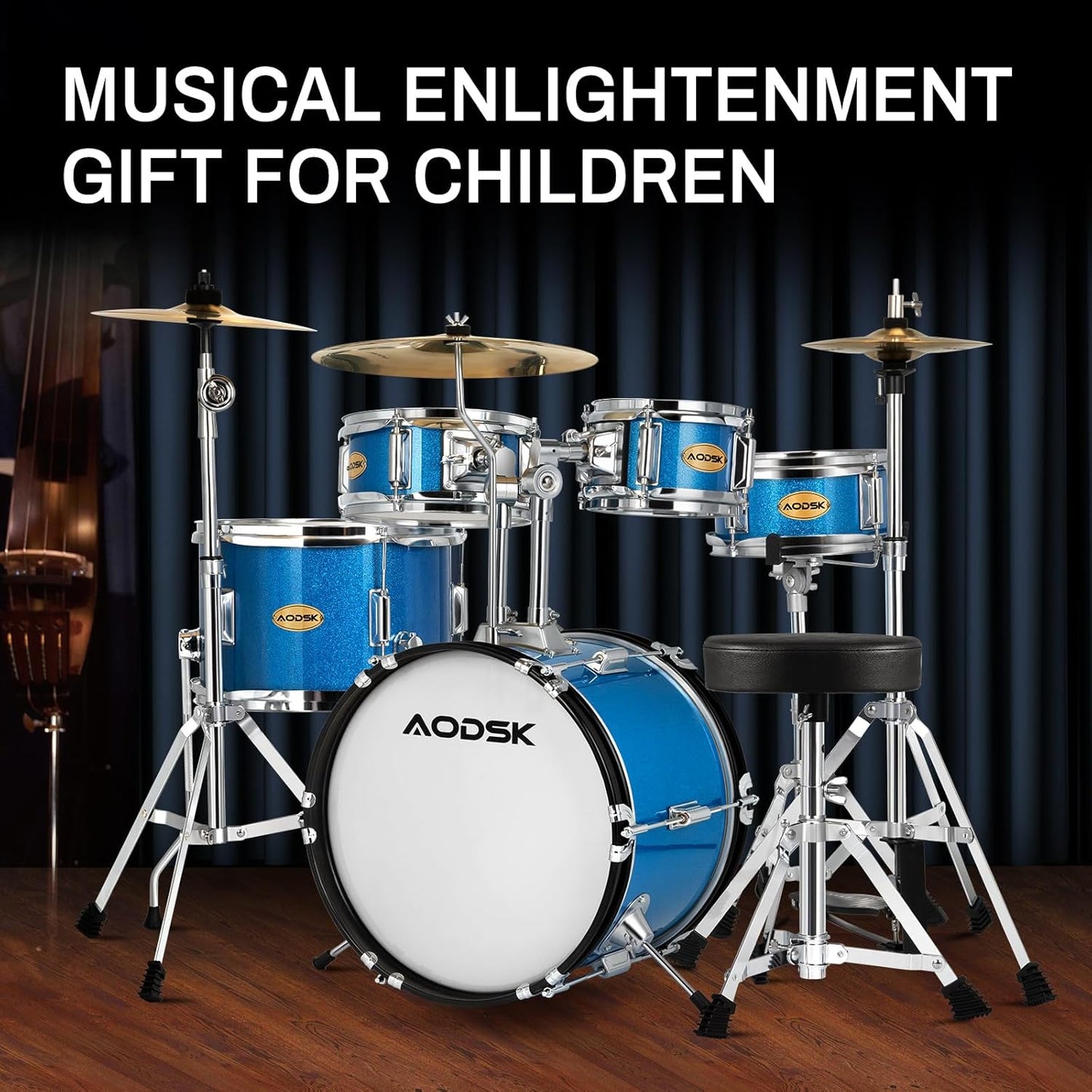 AODSK Drum Sets 5-Piece for Beginners, 14 inch Full Size Complete Drum Kit with Adjustable Throne, Cymbal, Hi-Hat, Pedal & Drumstick Light Blue