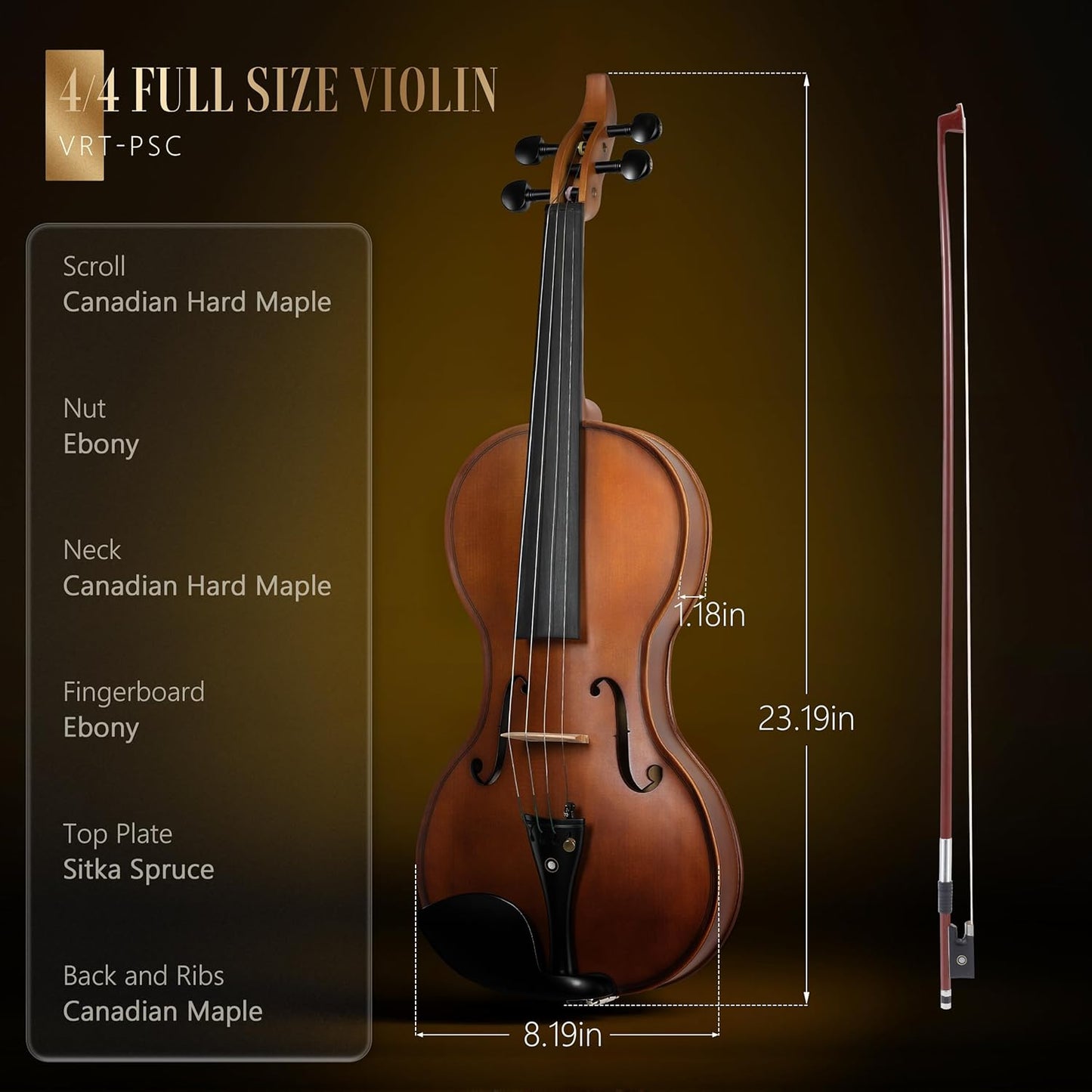 AKLOT Ergonomic Acoustic 4/4 Violin: Lesson Book, Solid Wood Intermediate Beginner Matte Fiddle, with Hard Case, Extra String, Bow, Shoulder Rest, Tuner, Fretboard Stickers, Full Size Adults Violen