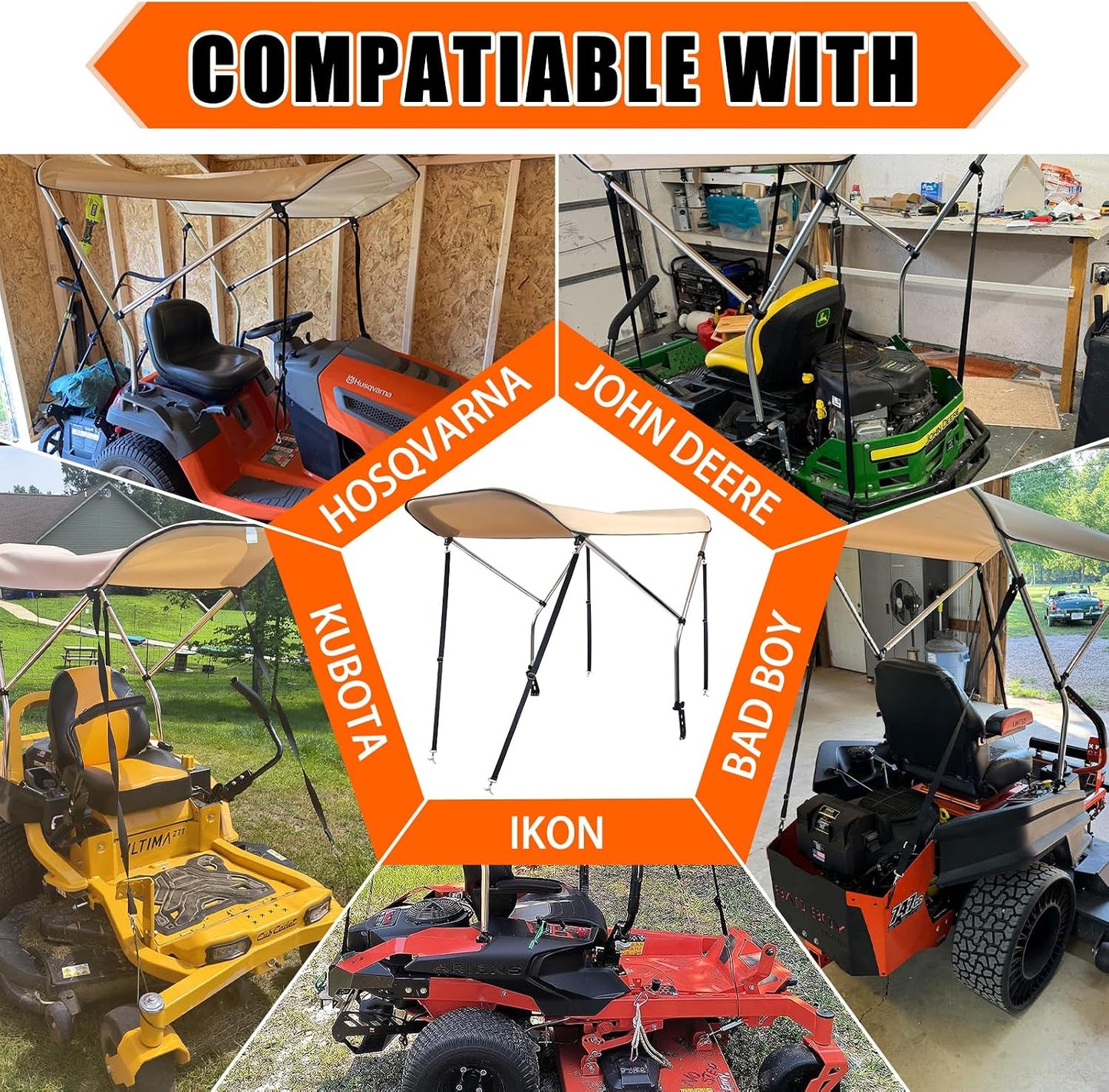 Sun Shade Canopy for Zero Turn Lawn Mower, Waterproof Fabric UV Protection, Lawn Mover Canopy with Raise Bracket Fits John Deere, Kubota, Cub Cadet, Troy-Bilt, Bimini Top Straps Attachment