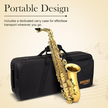 SONICAKE Alto Saxophone E Flat - Beginner Friendly Gold Saxophone Full Kit for Students with Carry Case, Mouthpiece, Reeds & Accessories QSX-01