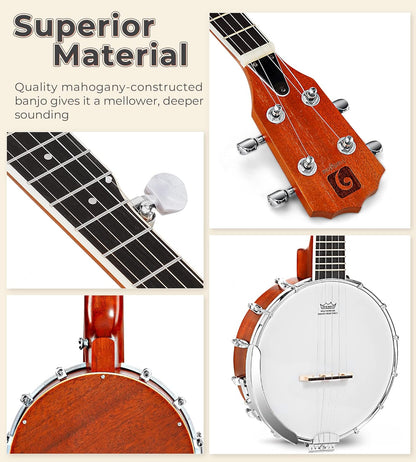 Vangoa 5 String Banjo 26 Inch, MINI Travel Banjo Beginner Kit with Remo Head, Open Back & Closed Solid Back with beginner Kit, Comfortable Carrying Bag