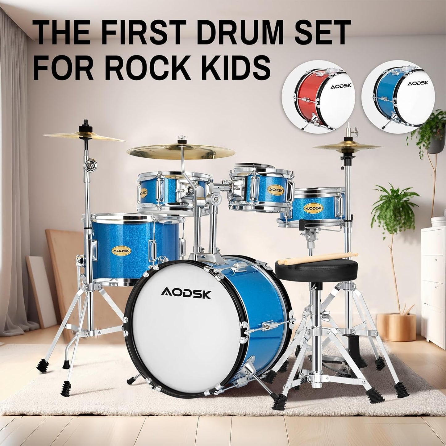 AODSK Drum Sets 5-Piece for Beginners, 14 inch Full Size Complete Drum Kit with Adjustable Throne, Cymbal, Hi-Hat, Pedal & Drumstick Light Blue