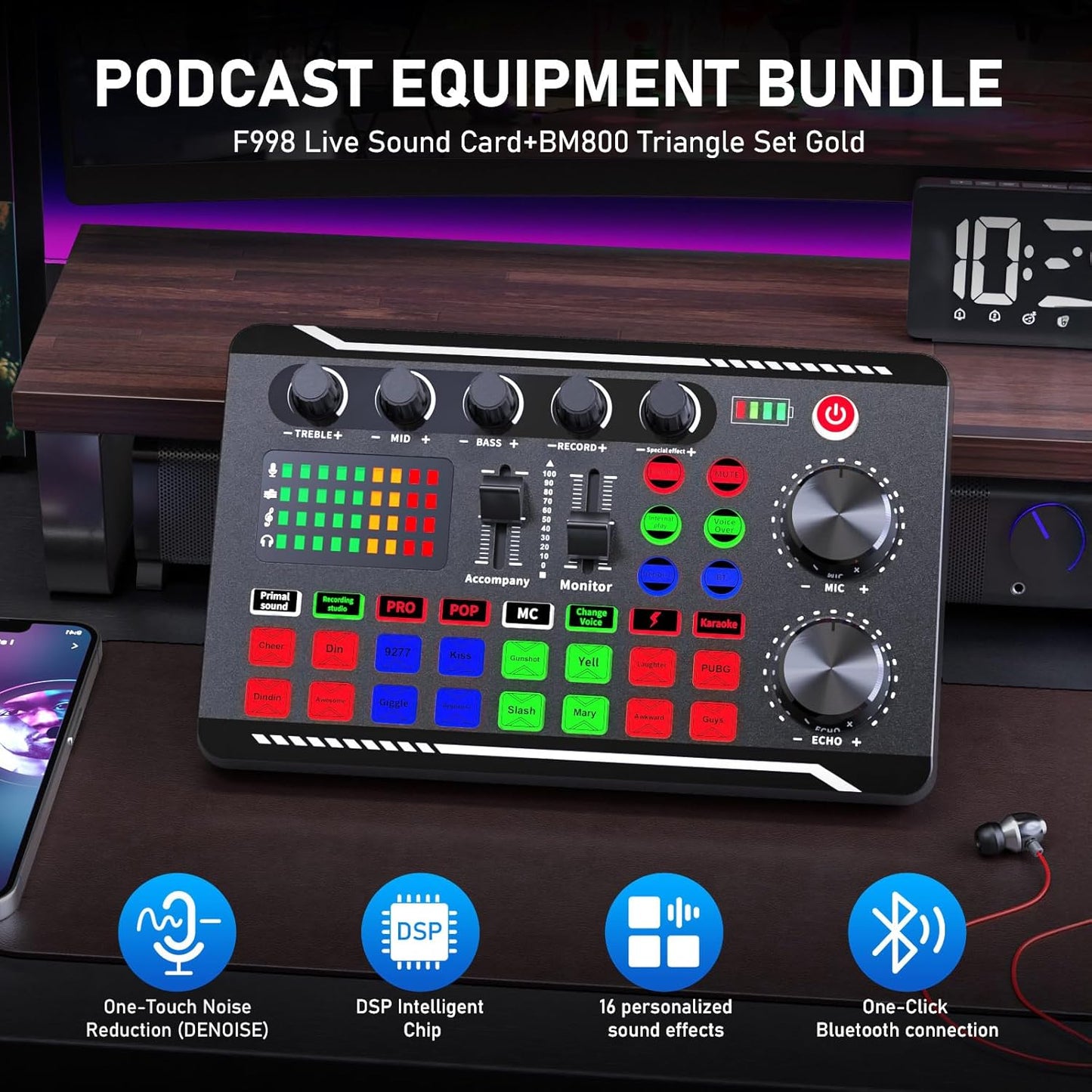 Facmogu Podcast Equipment Bundle, F998 Live Sound Card with BM800 Recording Studio Microphone, Professional Live Sound Card w/Dj Mixer Effects & Voice Changer for Live Streaming Gaming YouTube TikTok