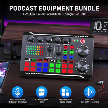 Facmogu Podcast Equipment Bundle, F998 Live Sound Card with BM800 Recording Studio Microphone, Professional Live Sound Card w/Dj Mixer Effects & Voice Changer for Live Streaming Gaming YouTube TikTok