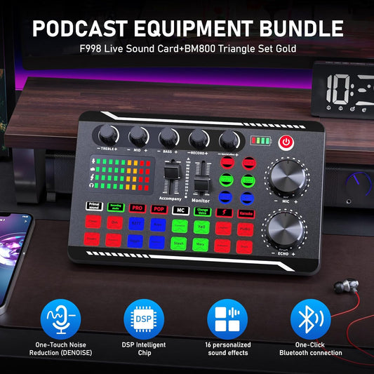 Facmogu Podcast Equipment Bundle, F998 Live Sound Card with BM800 Recording Studio Microphone, Professional Live Sound Card w/Dj Mixer Effects & Voice Changer for Live Streaming Gaming YouTube TikTok