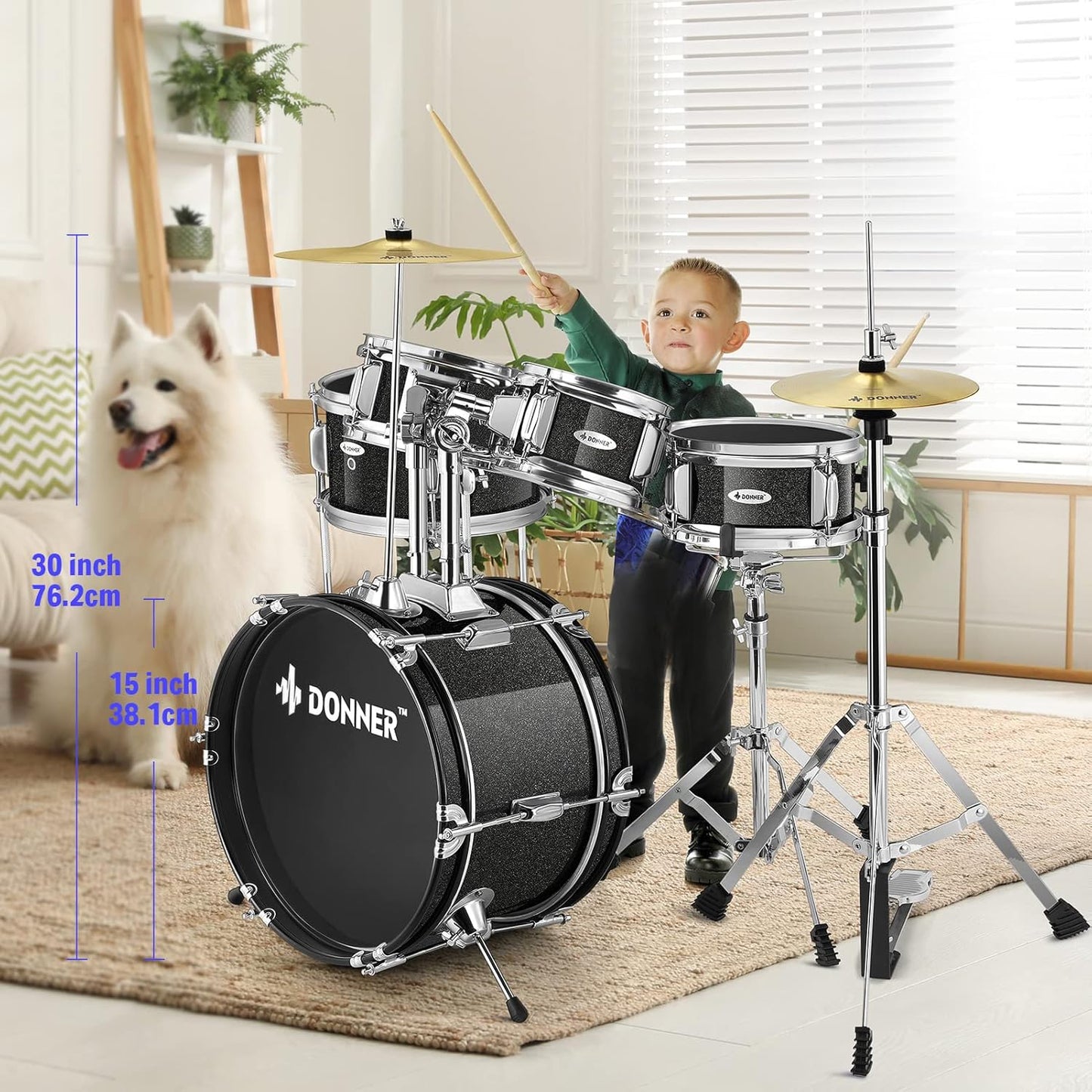 Kid Drum Sets-Donner 5-Piece for Beginners, 14 inch Full Size Complete Junior Drum Kit with Adjustable Throne, Cymbal, Hi-Hat, Pedal & Drumstick, Metallic Black