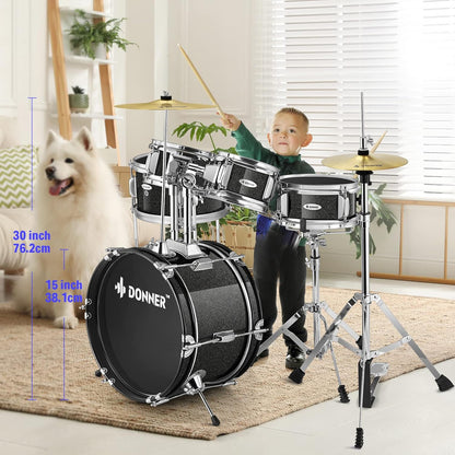 Kid Drum Sets-Donner 5-Piece for Beginners, 14 inch Full Size Complete Junior Drum Kit with Adjustable Throne, Cymbal, Hi-Hat, Pedal & Drumstick, Metallic Black