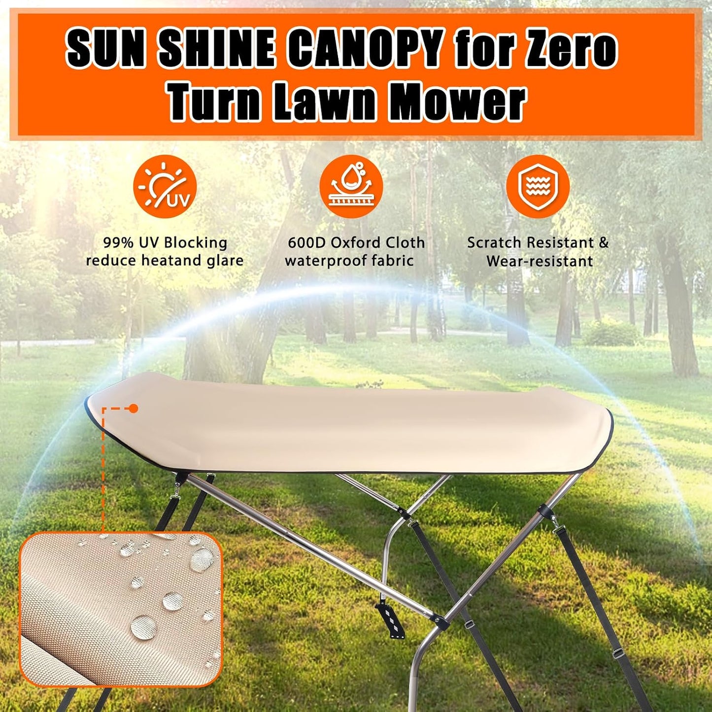 Sun Shade Canopy for Zero Turn Lawn Mower, Waterproof Fabric UV Protection, Lawn Mover Canopy with Raise Bracket Fits John Deere, Kubota, Cub Cadet, Troy-Bilt, Bimini Top Straps Attachment
