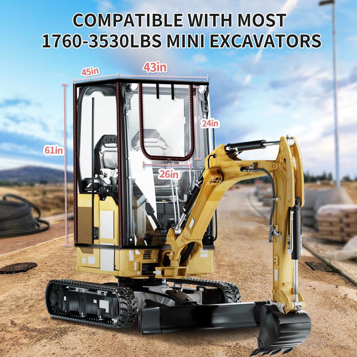 Upgraded Mini Excavator Cover, Waterproof Small Excavator Cover, Clear Enclosure Cover with 600D Oxford-Fabric & PVC Compatible with Bobcat E20/Kubota U17 for 1760-3530 lbs