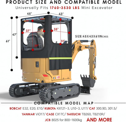 Mini Excavator Cover,Transparent Excavator Cab Enclosure,1680D Waterproof Oxford Fabric + EVA HD Transparent See-Through Material, 45x43x61in, for Bobcat E20/Kubota U17 etc, 1760-3530 lbs.(Black)