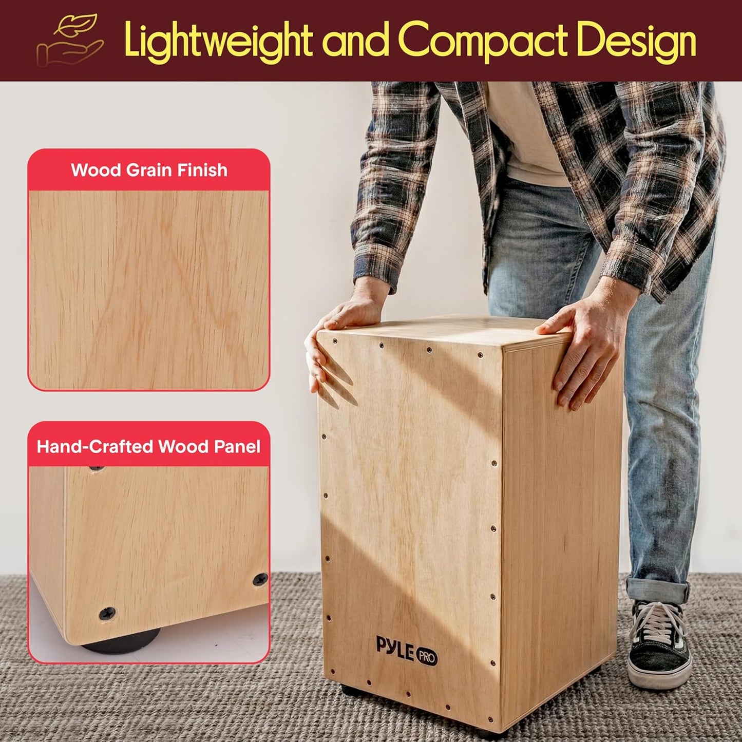 Pyle Cajon-Wooden Percussion Box, with Internal Guitar Strings, Full Size, 12.0’’ x 12.0’’ x 18.0’’ (PCJD18)
