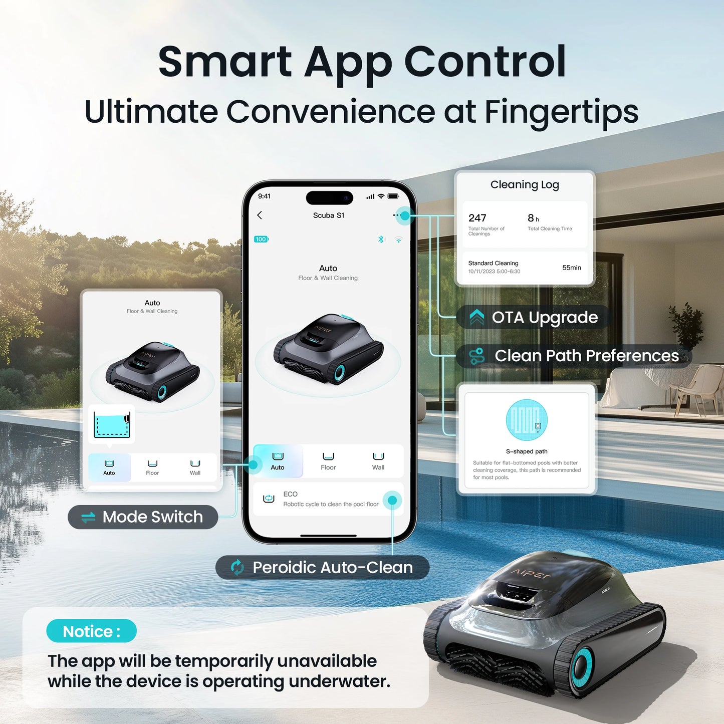 (2026 Upgrade) Aiper Scuba S1 Robotic Pool Cleaner, Weekly Custom Cleaning Plan, 270 Min Runtime, Over-the-Waterline Scrubbing, Smarter Navigation with 11 High-Precision Sensors, App Support,Refurbished