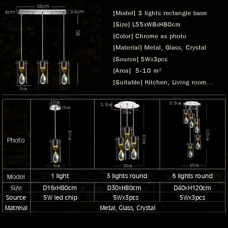 Modern Crystal Led Pendant Light Fixtures Luxury Suspension Glass Design Hanging Lamp Dining Room Kitchen Home Decor Lighting