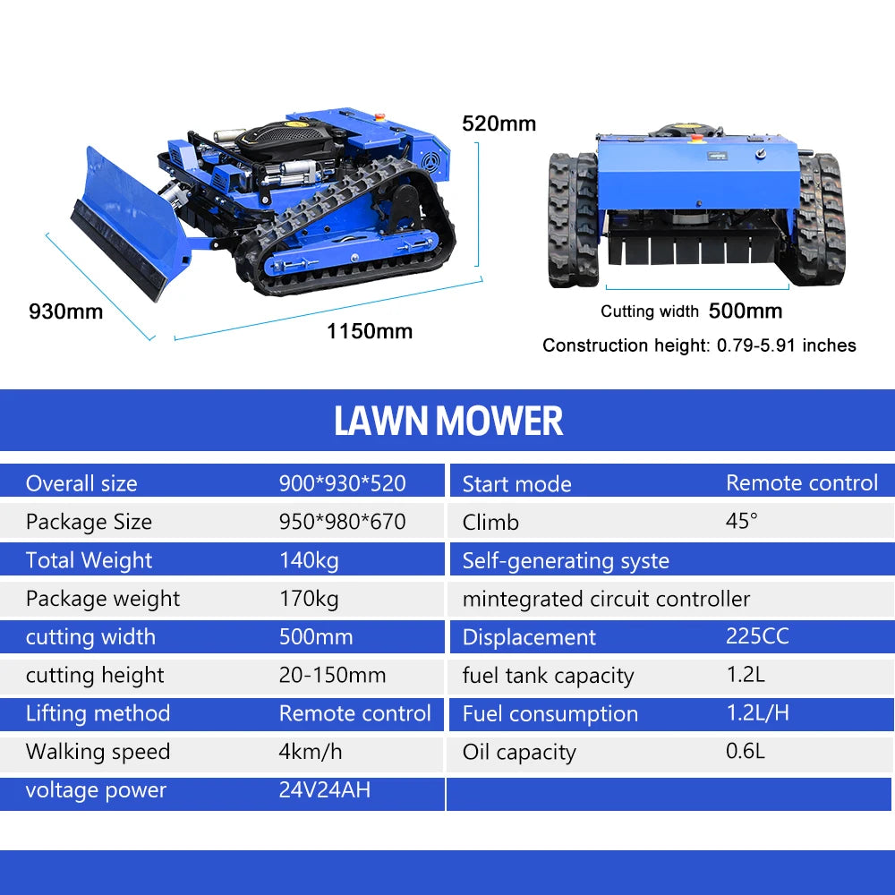 Multifunctional Remote Control Crawler Lawn Mower with Snow Plow, 225CC Gasoline Grass Cutter Robot, 550mm Cutting Width, 45° Climbing All Terrain Garden Snow Removal Machine