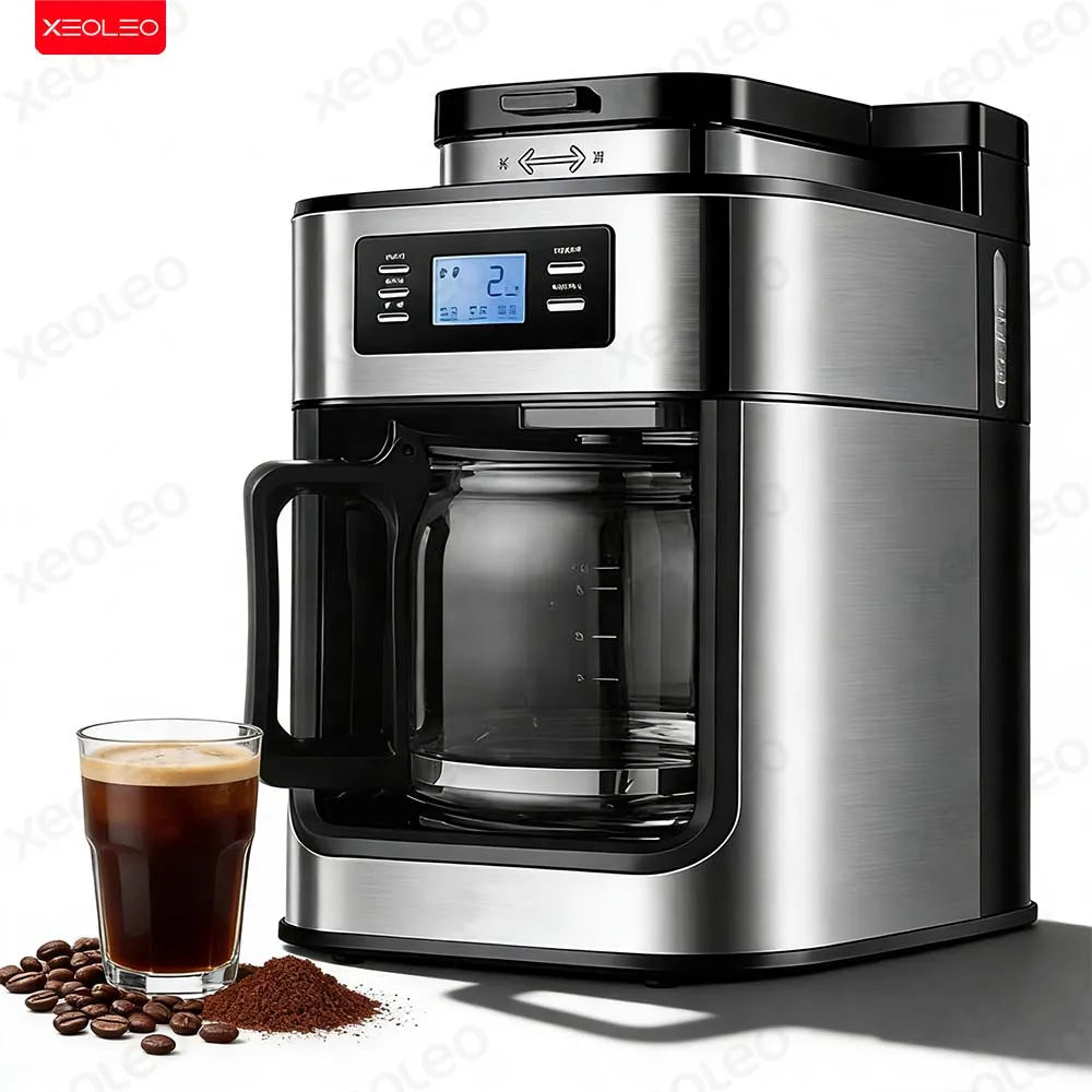 XEOLEO Automatic Coffee Machines 2 In1 Drip LED-Display Electric Bean Coffee Maker Espresso Tea Boiler Drip Mill Beans Grinding