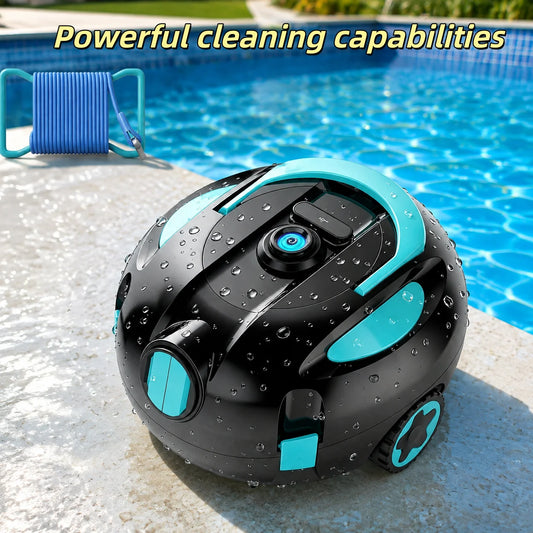 Cordless robotic pool cleaner featuring an ultra-long 160-minute battery life, IPX8 waterproof rating, and powerful suction; capable of cleaning pools up to 1,100 square feet, it comes with a retrieval rope and cleaning brush, and is suitable for all type