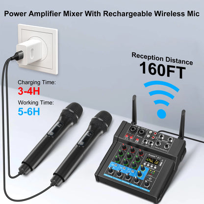 Aveek Powered Amplifier Audio Mixer,Dual Wireless Mic Sound Board Console Digital USB BluetoothComputer DJ Mixing for Karaoke