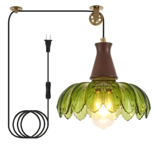 Plug-in Pendant Light, Vintage Green Glass Swag Hanging Lamp, Adjustable Pulley Cord, Walnut Stained Solid Wood Base, Mid Centu