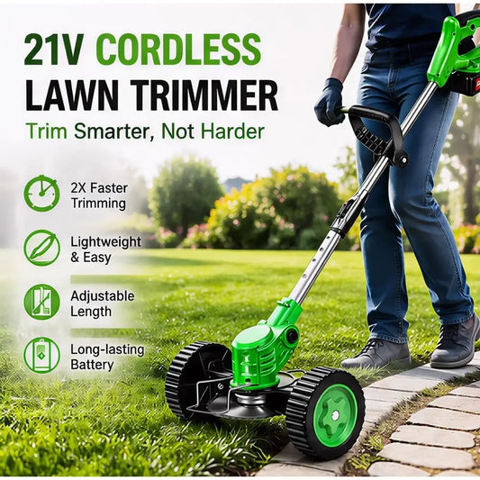 Weed Wacker with 2 Batteries, Lightweight 21Trimmer with Wheels, Electric Grass Trimmer, Adjustable Shaft Lawn Tool